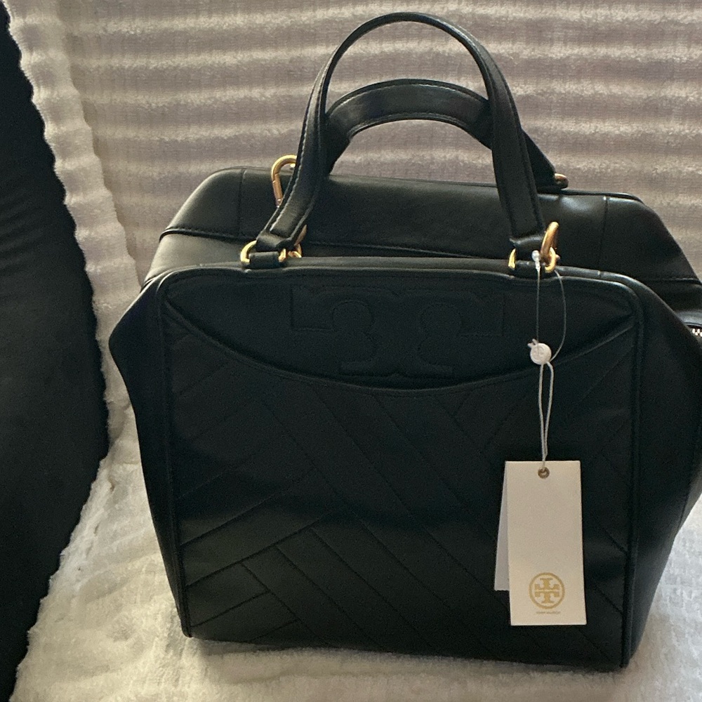 Tory Burch Black Quilted Satchel with Gold Accents